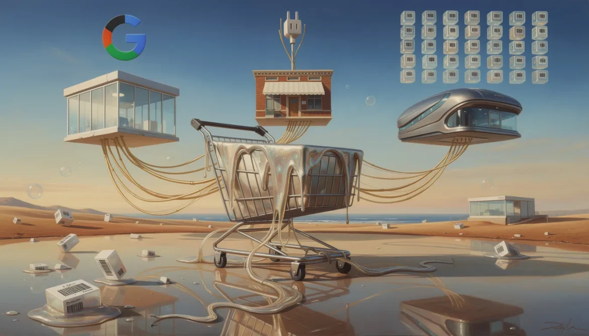 Surreales Bild: Schmelzender Einkaufswagen verbindet drei Online-Shops