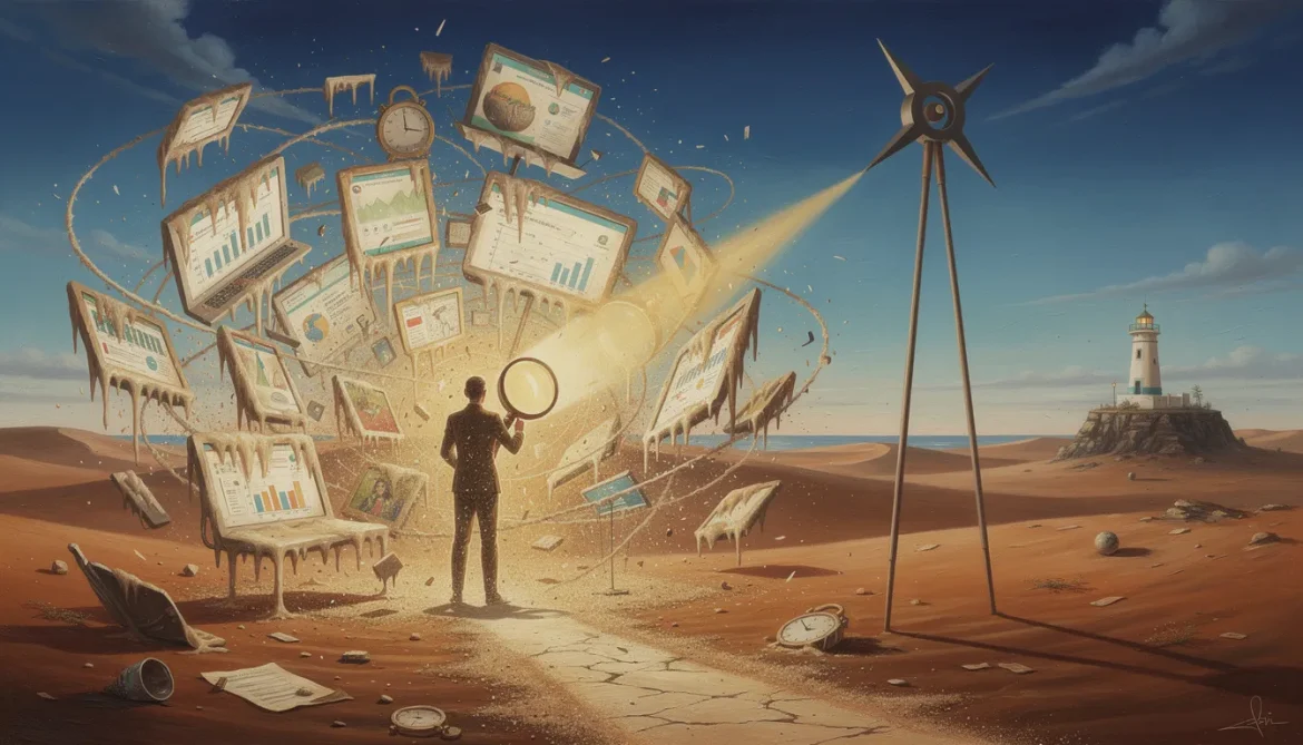 Mensch mit Lupe inmitten schmelzender Content-Flut findet klaren Weg nach vorne