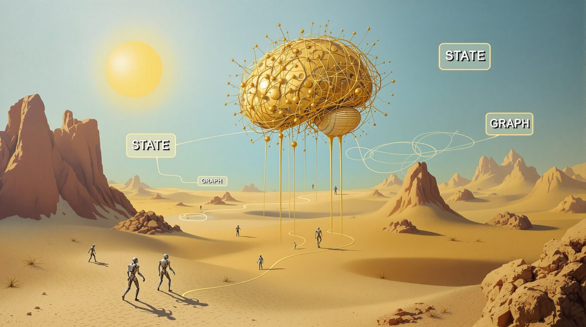 Surreales Dalí-Bild: Schmelzendes KI-Gehirn mit Graph-Netzwerk und Roboterfiguren