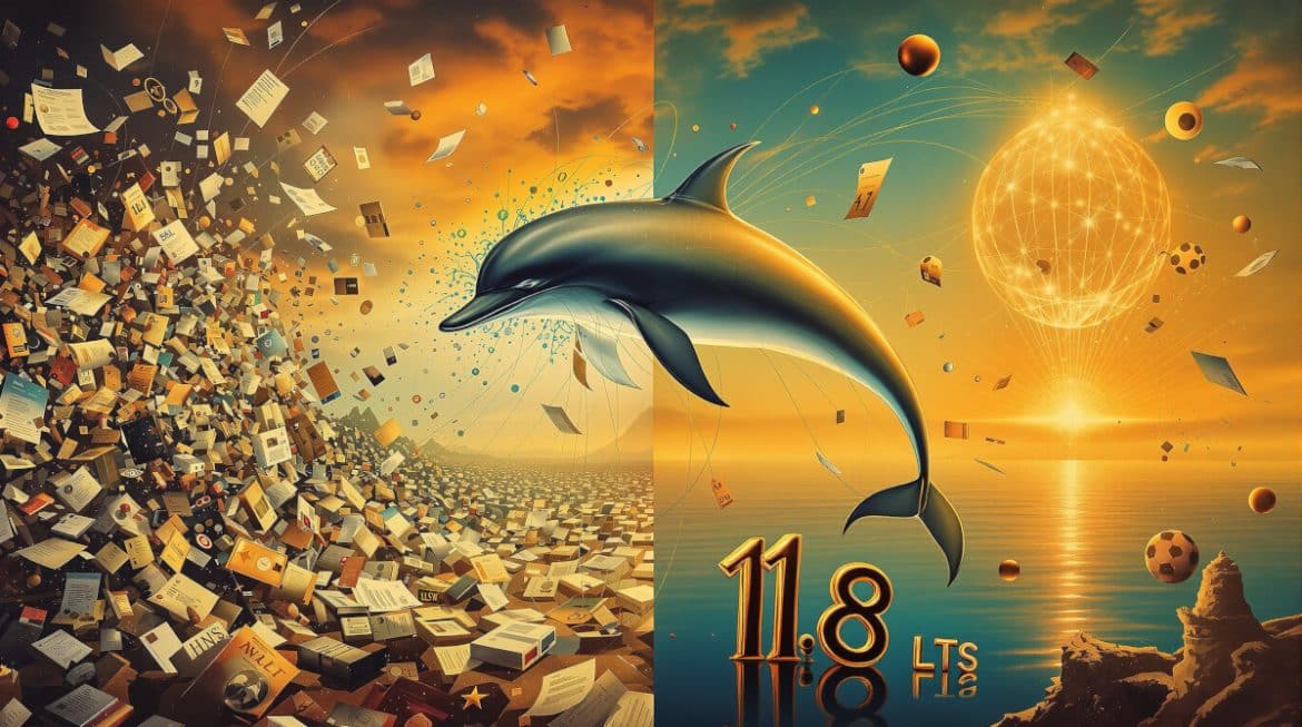 Surreales Dalí-Gemälde: MariaDB-Delfin verschmilzt mit KI-Vektoren und Daten