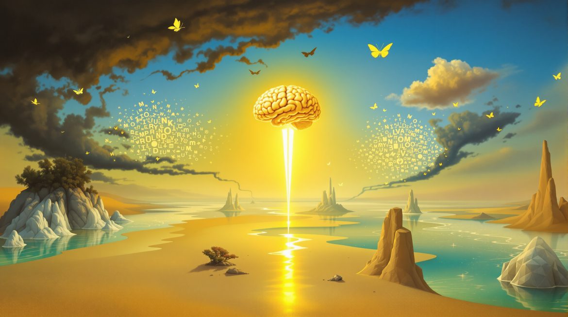 Surreales Dalí-Bild: KI-Gehirn geschützt durch fließende Guardrails, warme Töne