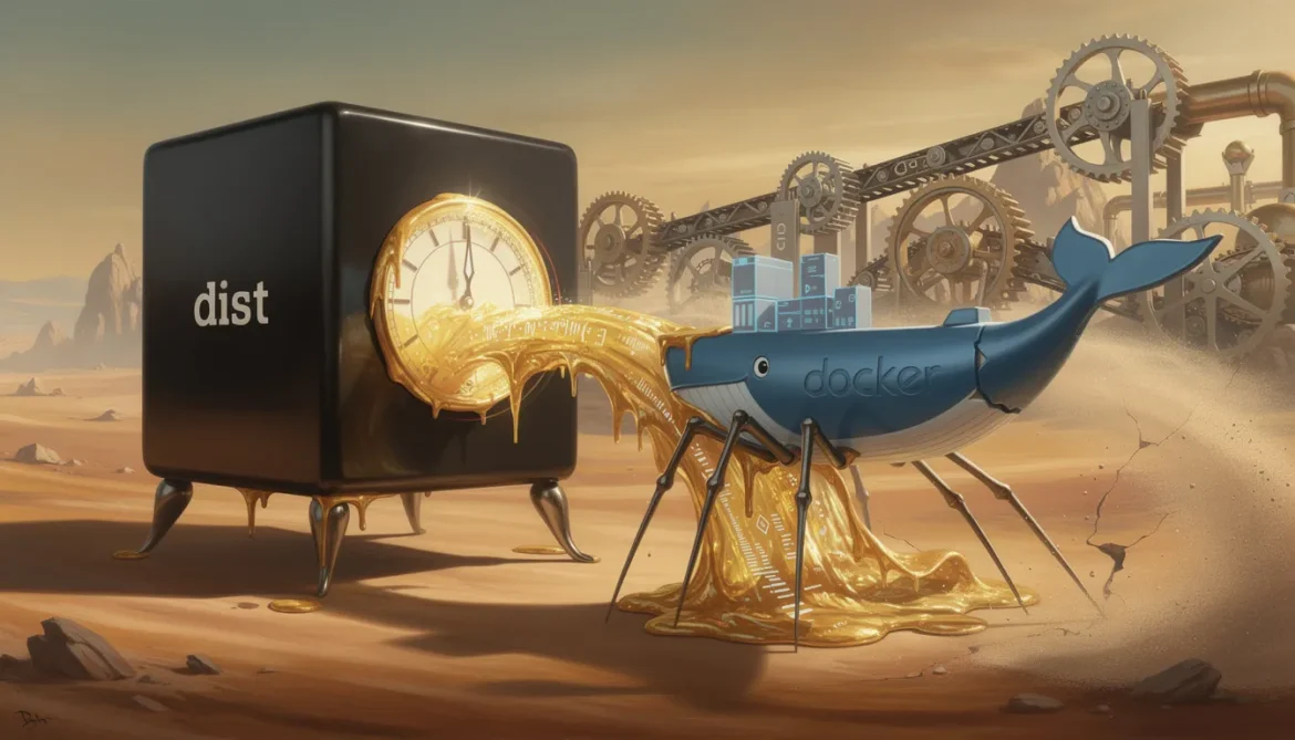 Schmelzender Git-Ordner fließt in Docker-Container, surreale Dalí-Landschaft