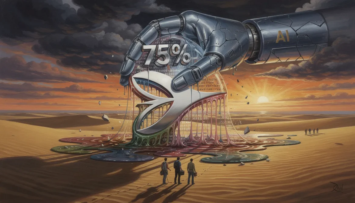 Schmelzendes Tailwind-Logo, KI-Hand drückt es aus, drei Entwickler gehen fort