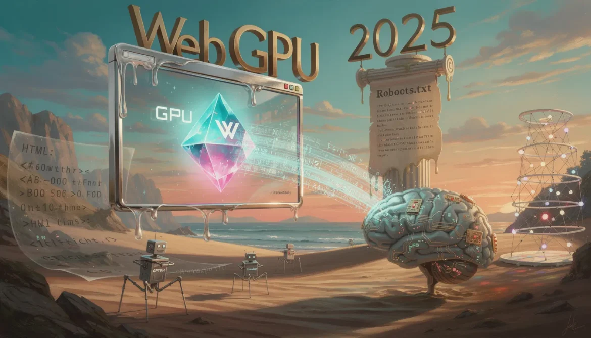 Surreales Dalí-Bild: Browser mit WebGPU-Kristall und KI-Crawlern im Sonnenlicht