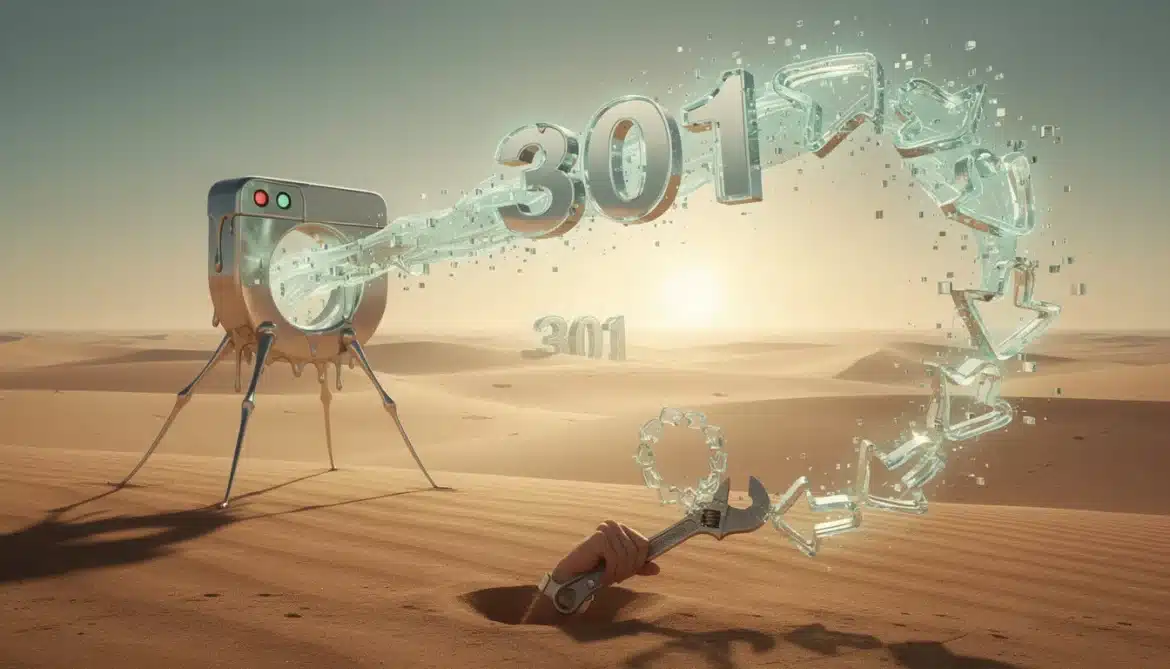 Surreales Chrome-Logo mit schmelzenden 301-Redirect-Pfeilen im Dalí-Stil