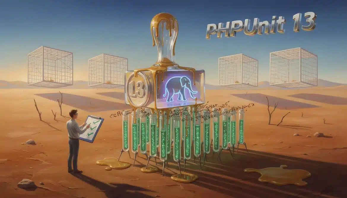 Surreales Wachssiegel versiegelt PHP-Elefant mit PHPUnit 13 im Dalí-Stil