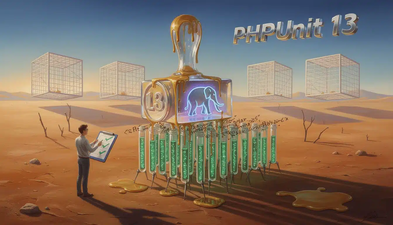 Surreales Wachssiegel versiegelt PHP-Elefant mit PHPUnit 13 im Dalí-Stil