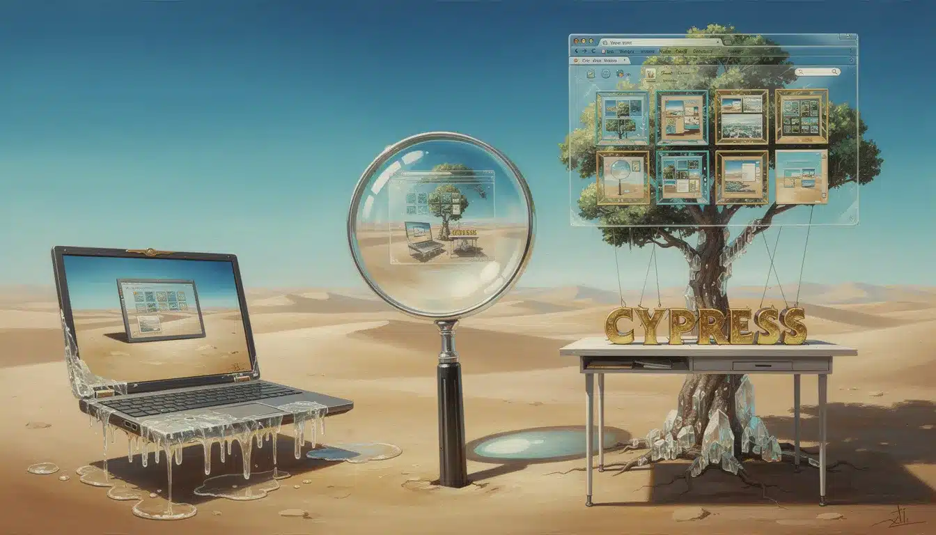 Surrealer Dalí-Vergleich: Playwright-Screenshot vs Cypress-Testbaum am SchreibtischTeilenArtefakteAlles herunterladenBild metadatenDokument · MD Flux pro image promptDokument · MD Seo metadatenDokument · MD Blog postDokument · MD ProjektinhaltBlog PostVon dir erstelltFüge PDFs, Dokumente oder andere Texte hinzu, um sie in diesem Projekt als Referenz zu verwenden.