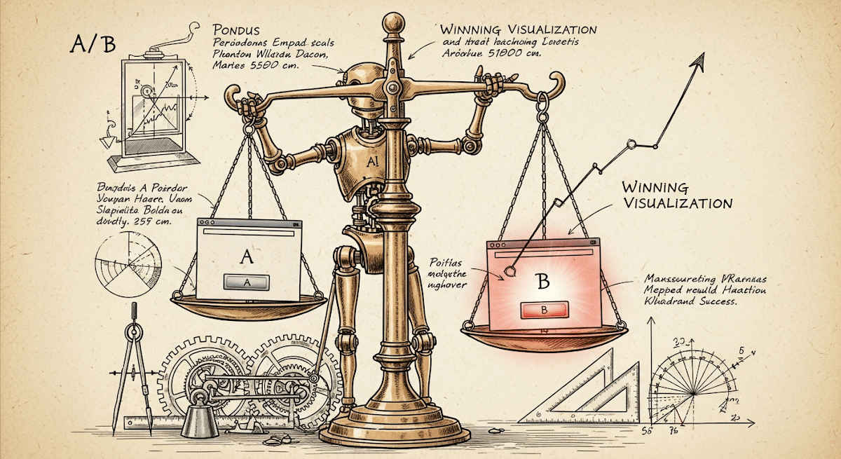 Da-Vinci-Skizze: KI-Waage vergleicht Webseiten-Varianten A und B im Test