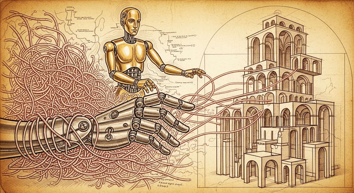 Da-Vinci-Skizze: KI-Hand entwirrt Spaghetti-Code zu klarer Code-Architektur