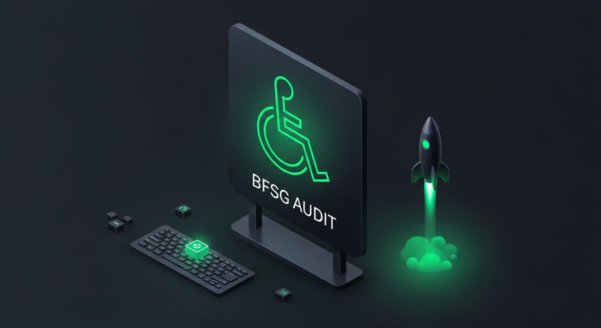 Isometrisches Schild mit Accessibility Symbol und Schriftzug BFSG Audit in Grün