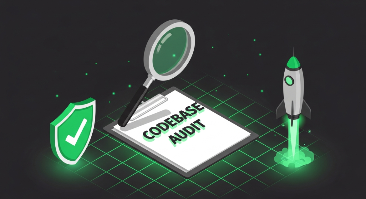Isometrische Lupe über Bericht mit Schriftzug Codebase Audit und grünem Schild