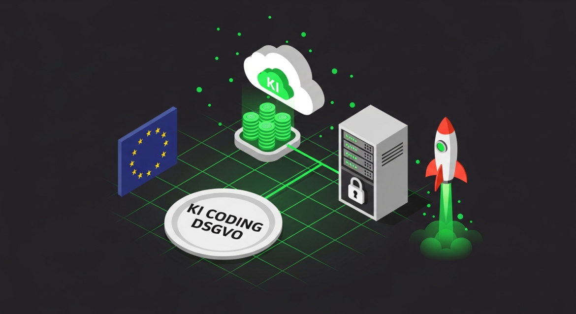 Isometrische grüne Cloud über verschlossenem Serverschrank mit Schriftzug KI Coding DSGVO