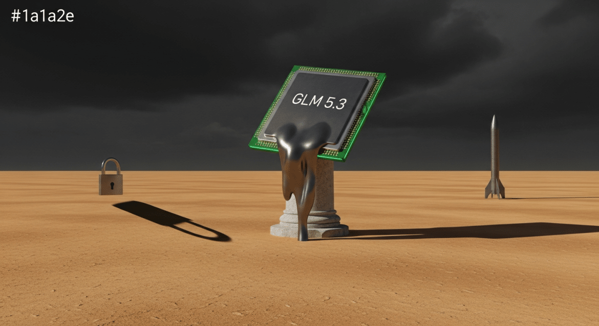Schmelzender Chip mit GLM 5.3 Schriftzug in surrealer Wüste mit Schloss und Rakete