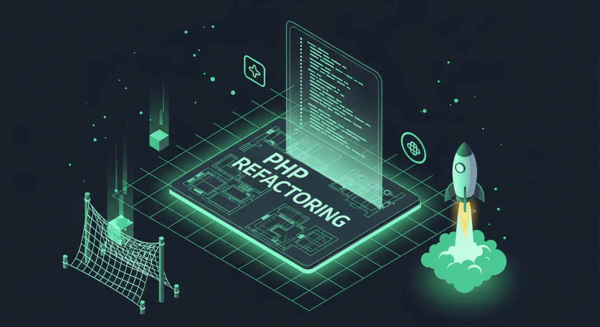 Isometrischer Bauplan mit Schriftzug PHP Refactoring, Sicherheitsnetz und Rakete in Grün