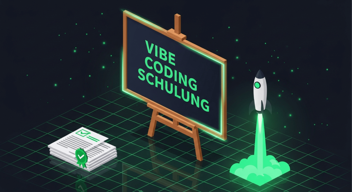 Isometrische Tafel mit Schriftzug Vibe Coding Schulung, Handouts und Rakete in Grün