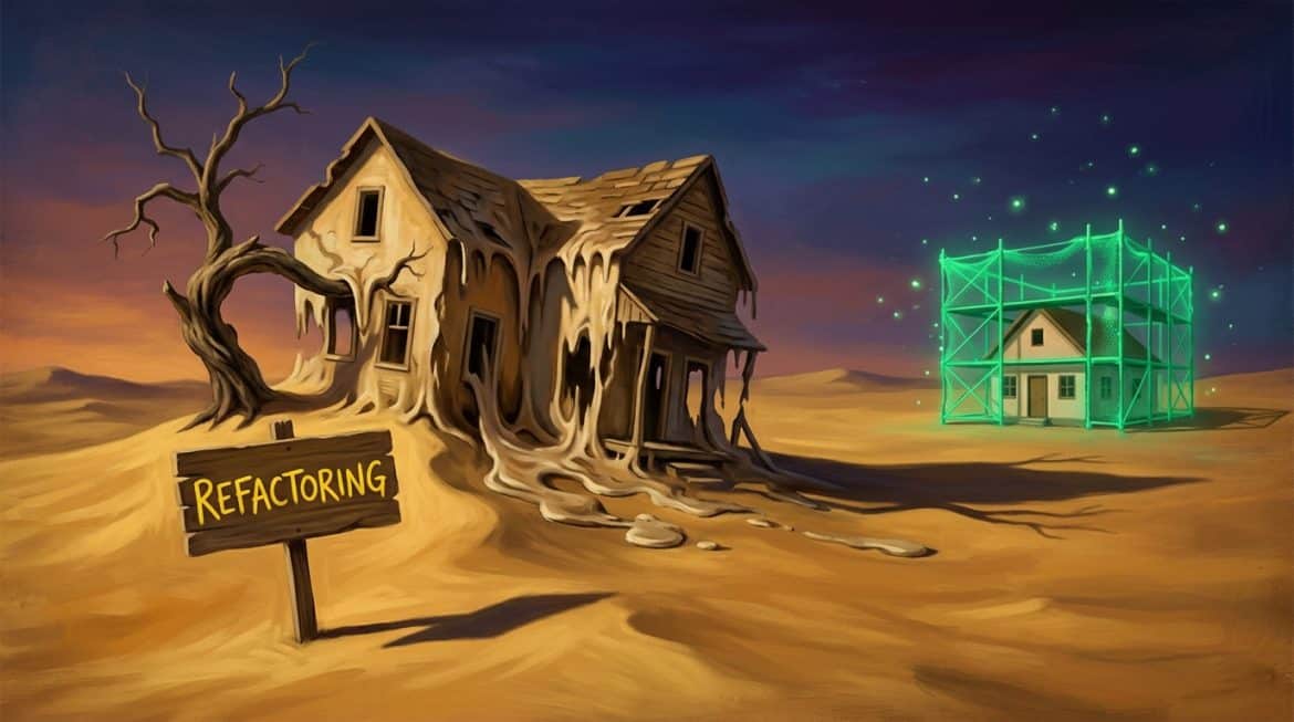 Goldene Wüste, schmelzendes Haus mit Schild Refactoring, sicheres Haus im Netz