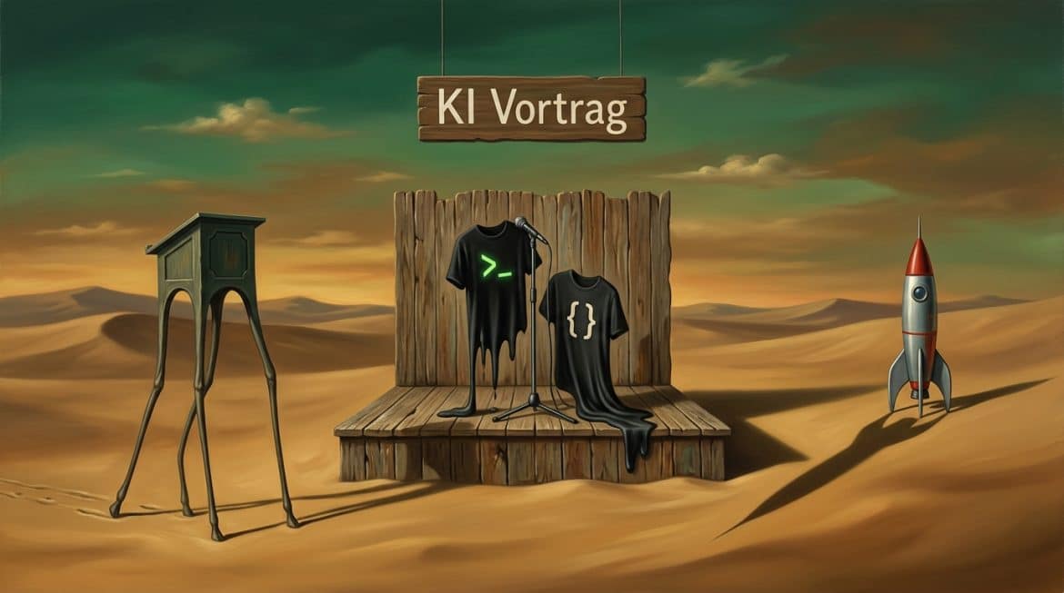 Surreale Wüstenbühne mit zerfließenden Shirts und Schild KI Vortrag