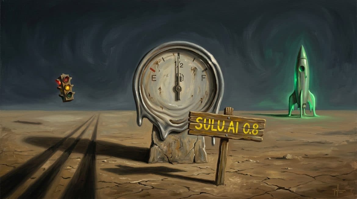 Schmelzende Tankanzeige mit gelbem SULU.AI 0.8 Schild, Ampel und Rakete