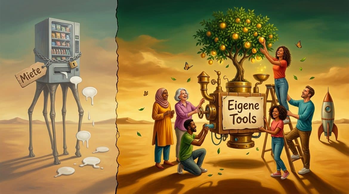 Surreale Wüste: fröhliches Team baut Maschine Eigene Tools, links angeketteter Mietautomat