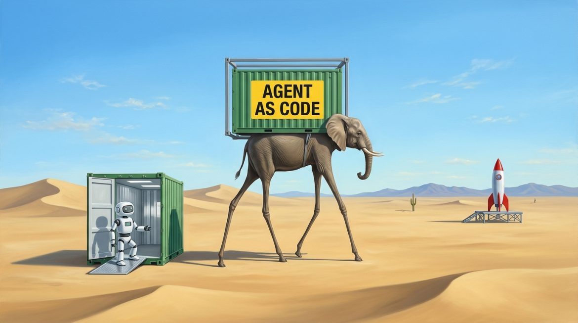 Helle Wüste, Dalí Elefant trägt grünen Container AGENT AS CODE, Roboter steigt ein