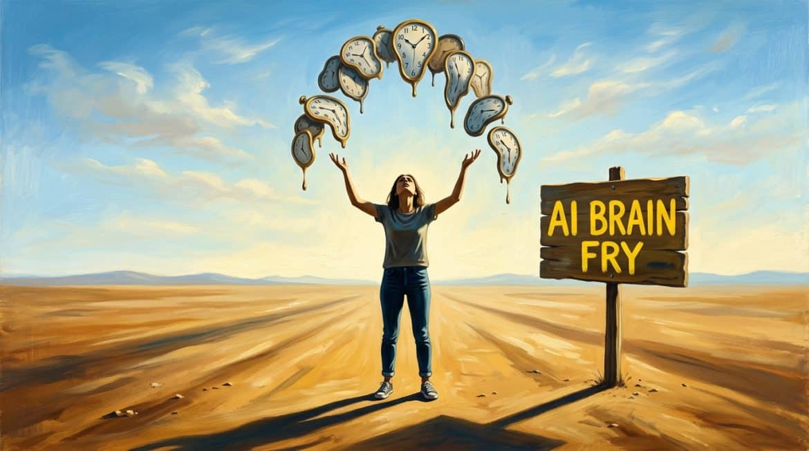 Frau jongliert zu viele schmelzende Uhren in der Wüste, Schild AI Brain Fry