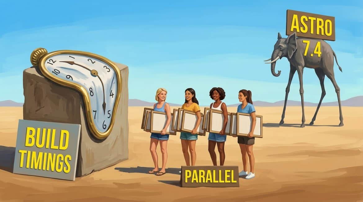 Surreale Wüste mit zerfließender Uhr, Team mit Rahmen und Elefant mit Schild Astro 7.4
