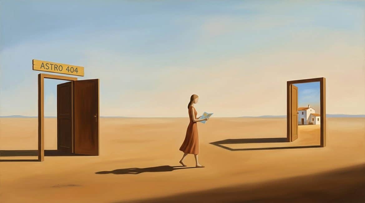 Ockerfarbene Dalí-Wüste, Tür ins Nichts und Tür zum Haus, Frau mit Karte