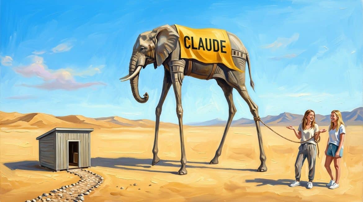Gemälde im Dalí Stil: Riesenelefant mit Claude Banner passt nicht in kleinen Schuppen