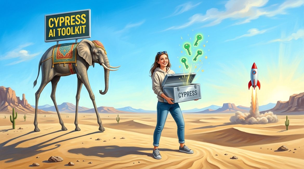 Gelbes Schild Cypress AI Toolkit auf langbeinigem Elefanten in sonniger Wüste