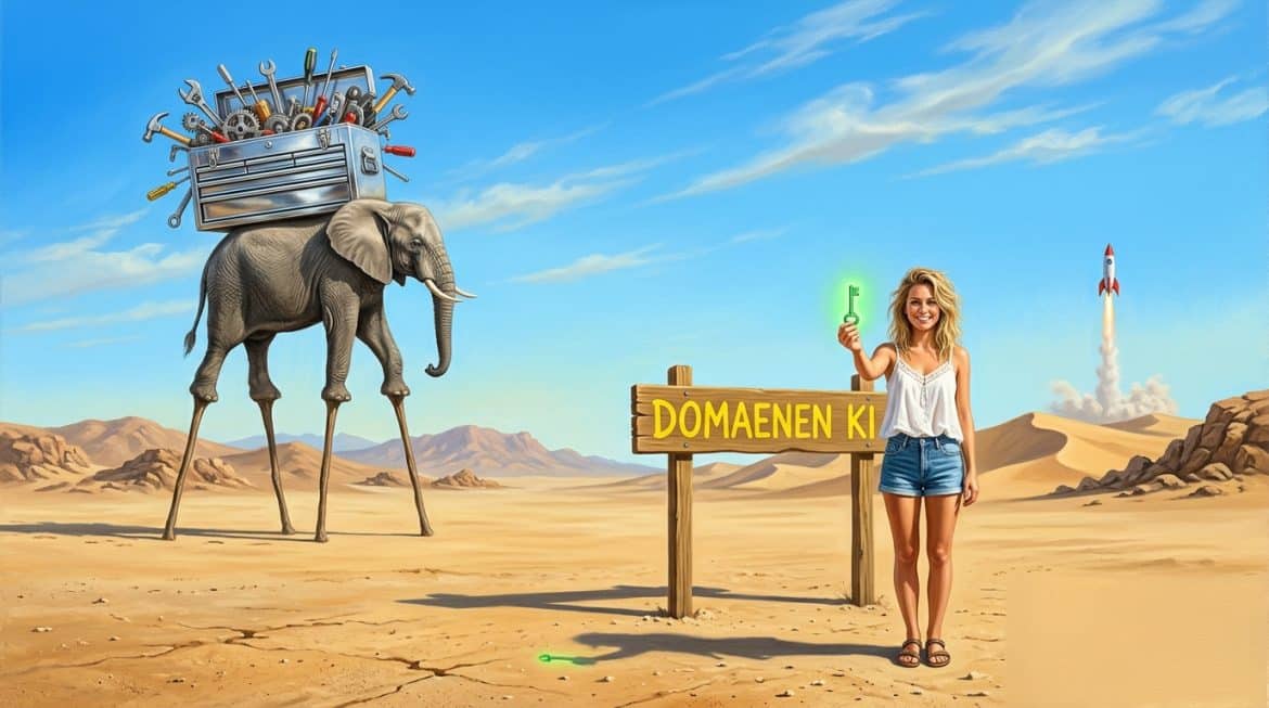 Dalí Elefant mit vollem Werkzeugkasten, Frau hält grünen Schlüssel, Schild Domänen KI