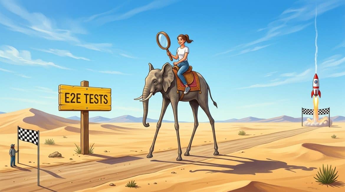 Gelbes Schild E2E Tests, Dalí Elefant auf Weg von Start zu Ziel, Rakete