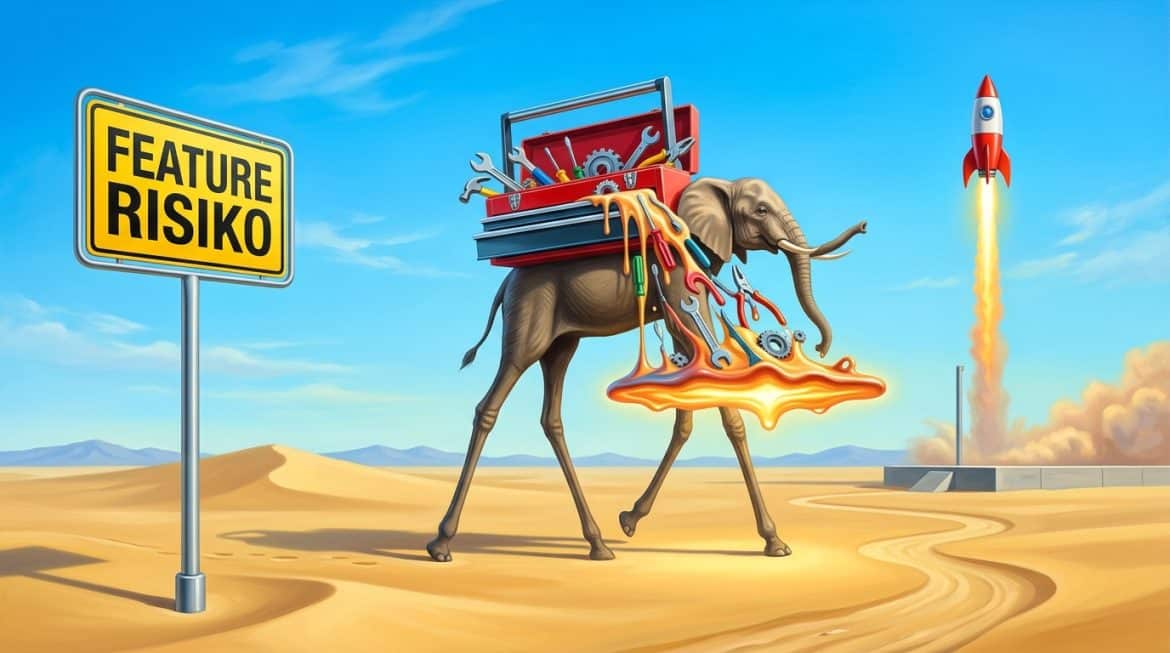 Elefant mit langen Beinen trägt Werkzeuge, die zu einer Plattform verschmelzen