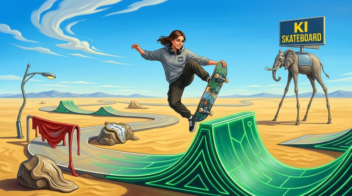 Grüne Rampe, Coderin im Sprung auf dem KI Skateboard in sonniger Wüste