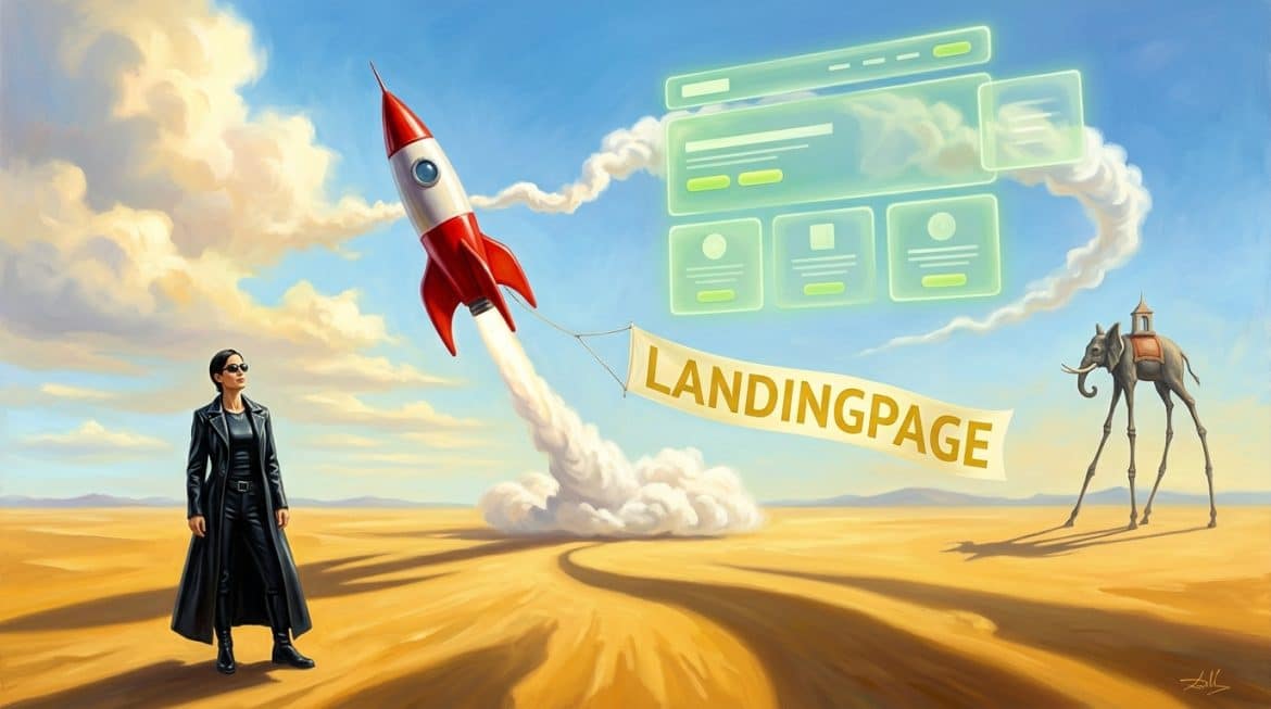 Rot weiße Rakete mit gelbem Banner Landingpage über Wüste, Frau im Matrix Look