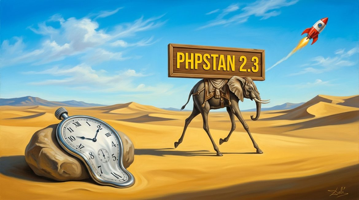 Surreales Bild: Dalí Elefant trägt Schild PHPStan 2.3 durch die Wüste