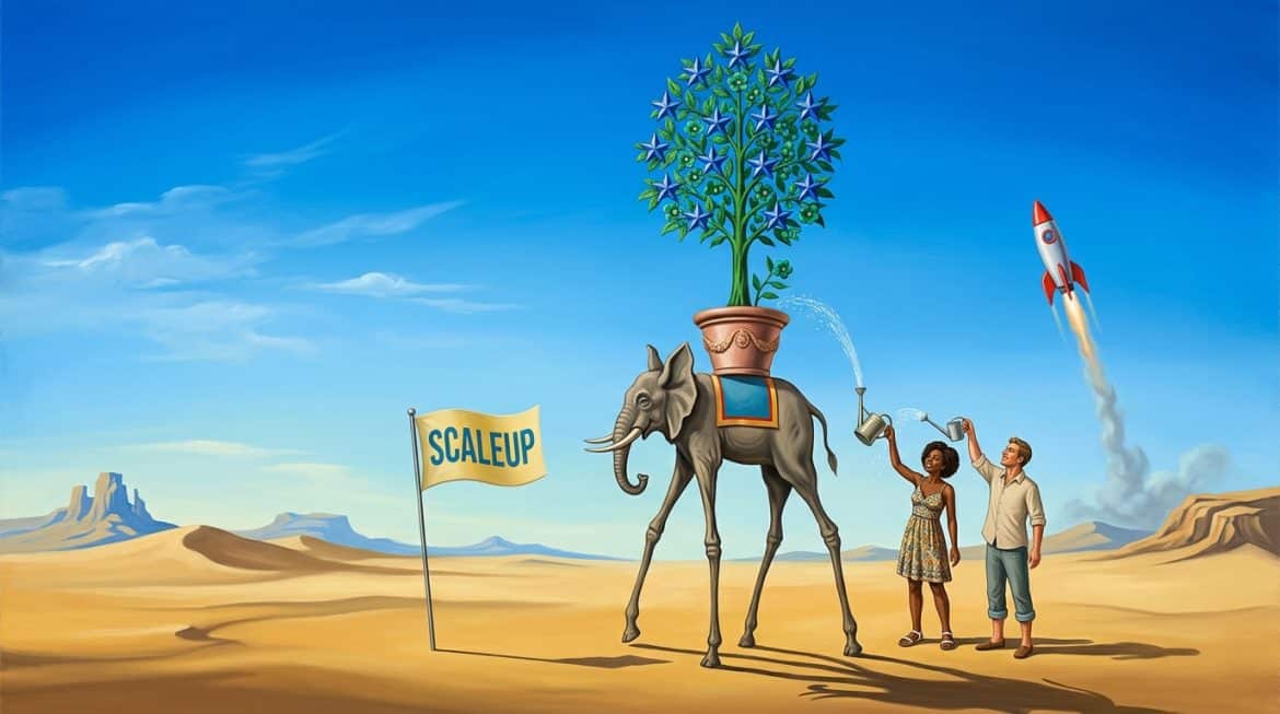 Dalí Elefant trägt Baum mit blauen Sternen, zwei Menschen gießen, Flagge Scaleup