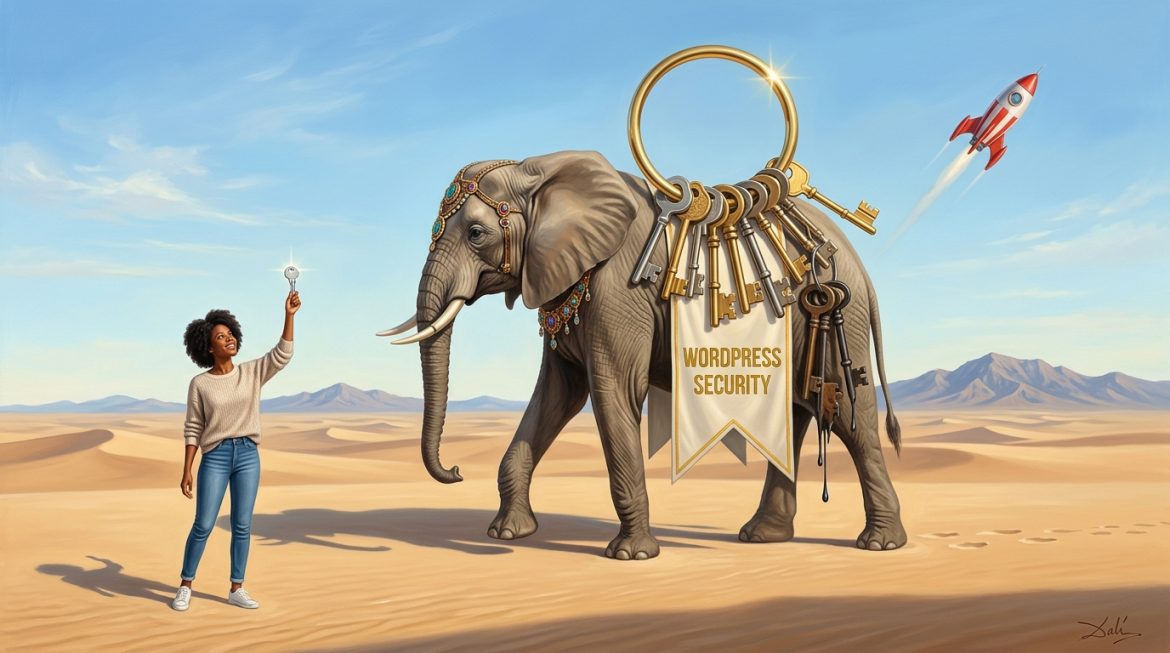 Goldener Schlüsselring auf Dalí Elefant mit Banner WordPress Security