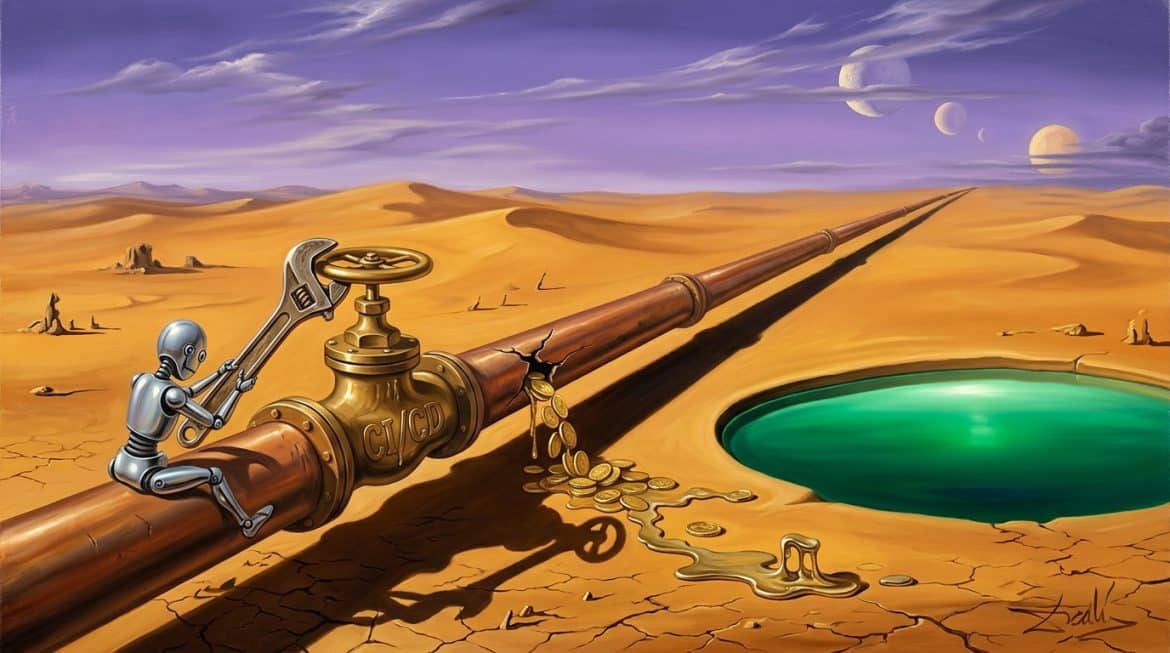 Kupferne Pipeline mit schmelzenden Münzen, Roboter dreht am Ventil CI/CD