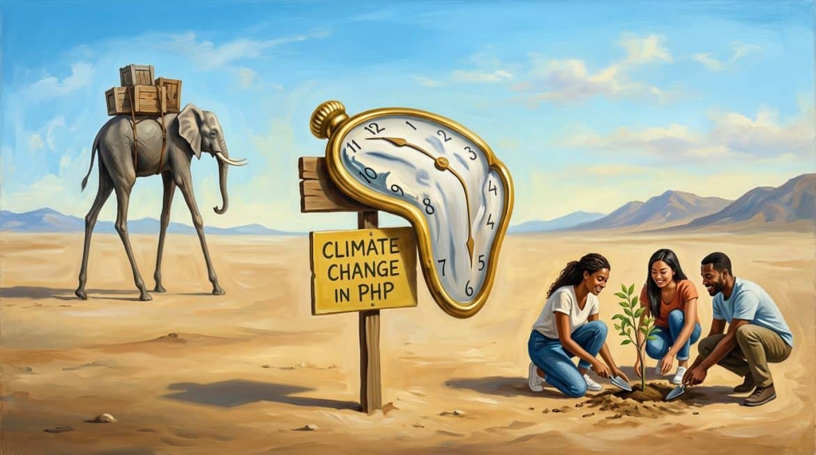 Surreale Wüste mit schmelzender Uhr am Wegweiser Climate Change in PHP, Elefant und Menschen