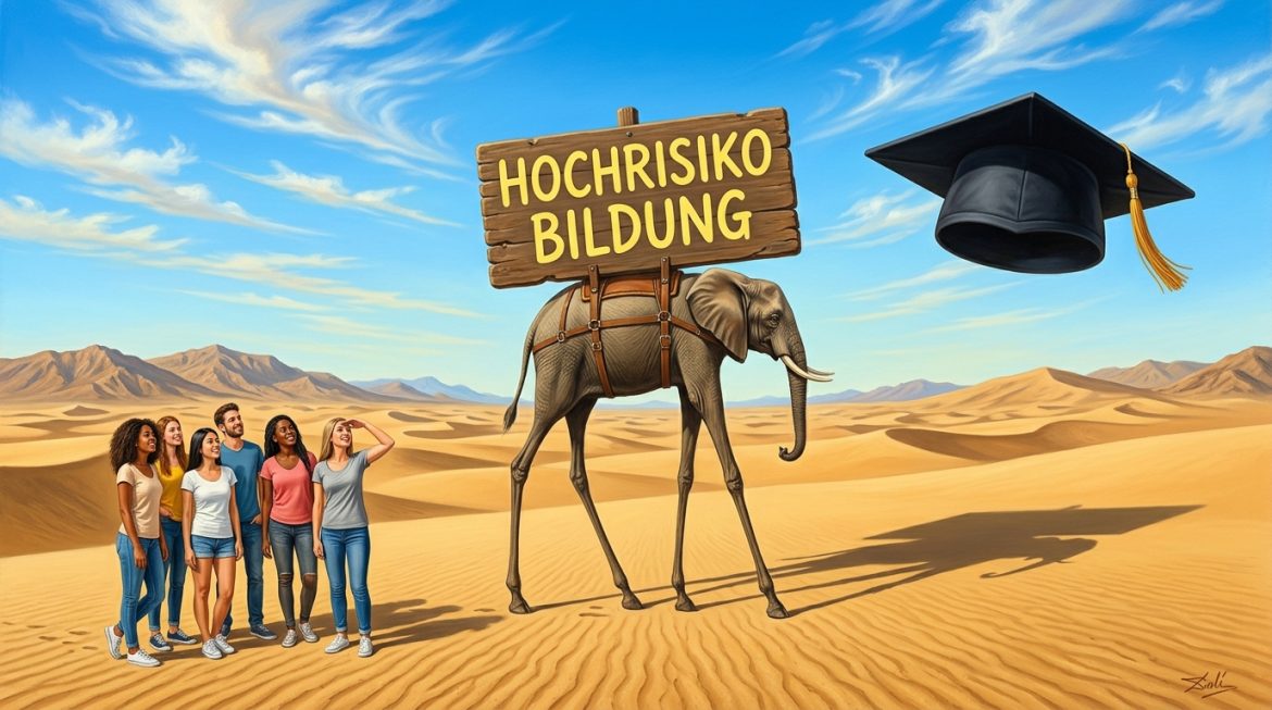 Surreales Gemälde: Dalí Elefant trägt Schild Hochrisiko Bildung, Studierende schauen auf