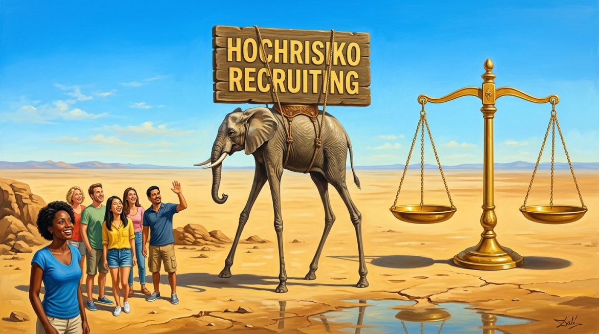 Surreales Gemälde: Dalí Elefant trägt Schild Hochrisiko Recruiting, Team schaut auf