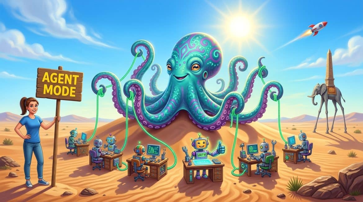 Surreales Bild: Kraken lenkt mehrere kleine Roboter, Schild Agent Mode