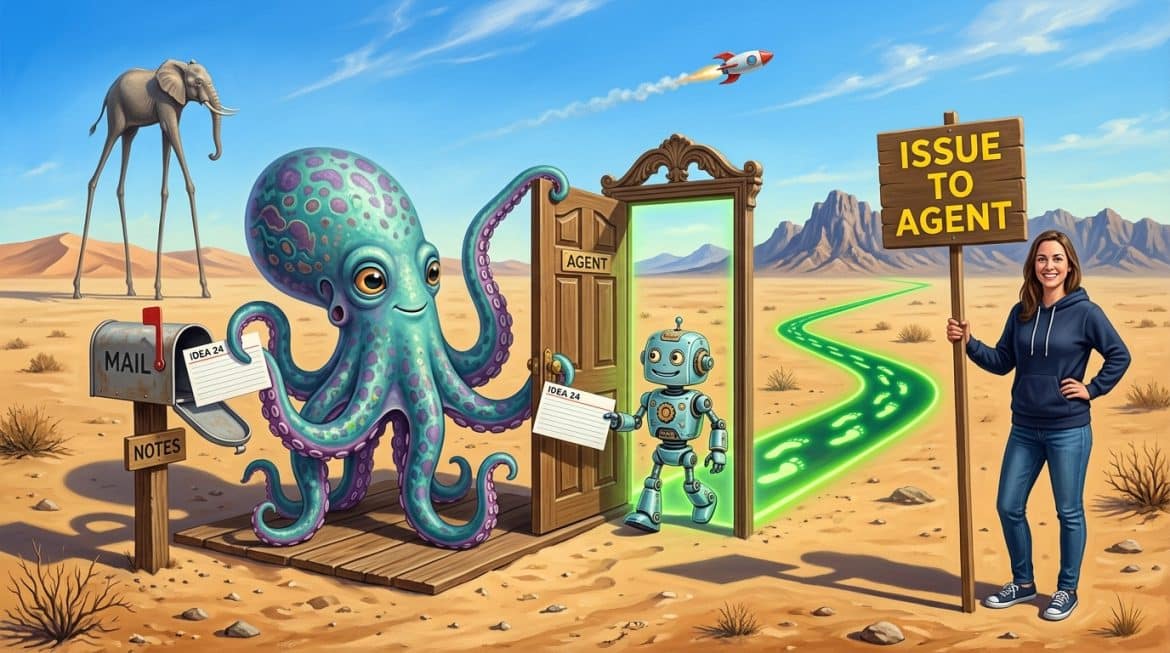 Surreales Bild: Kraken reicht Karteikarte an Roboter vor einer Tür