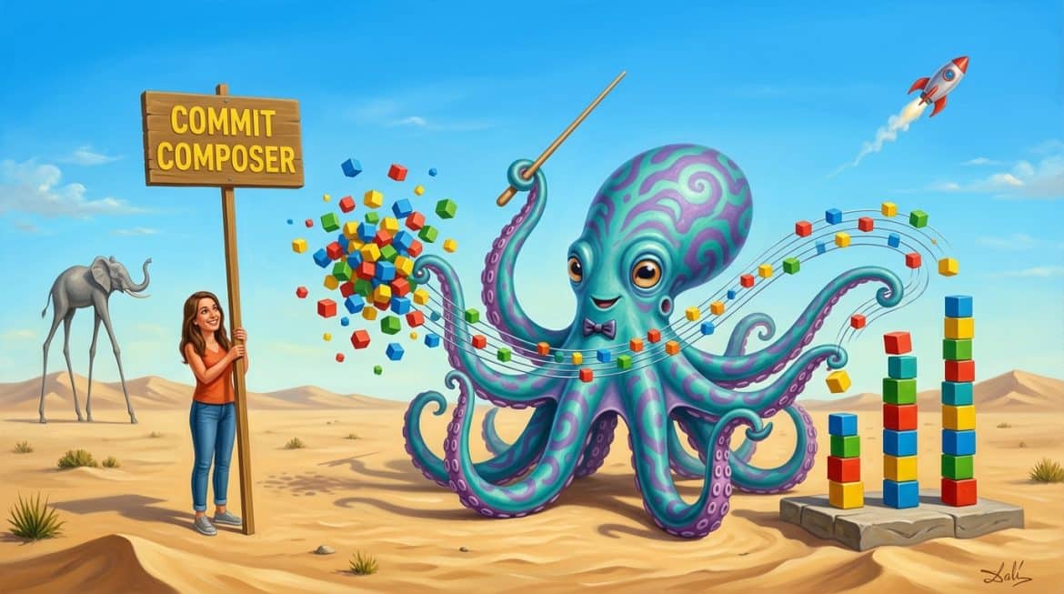 Surreales Bild: Kraken als Dirigent sortiert Würfel zu Türmen