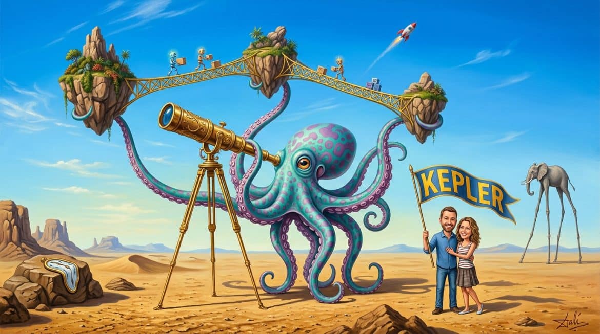 Surreales Bild: Kraken mit Teleskop verbindet schwebende Inseln, Flagge Kepler
