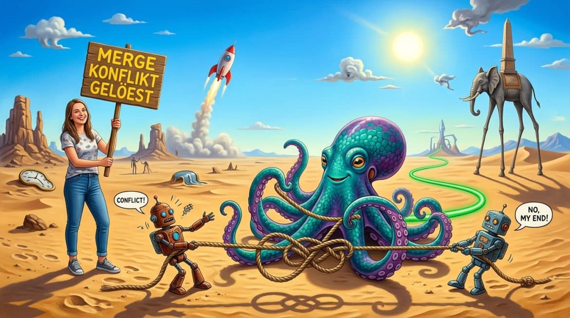 Surreales Bild: Kraken entwirrt Seilknoten zwischen zwei Robotern