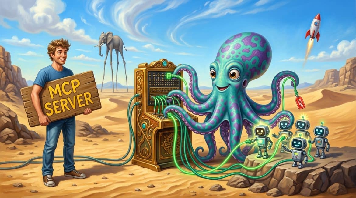 Surreales Bild: Kraken an Schalttafel steckt Kabel in Roboter, Schild MCP Server