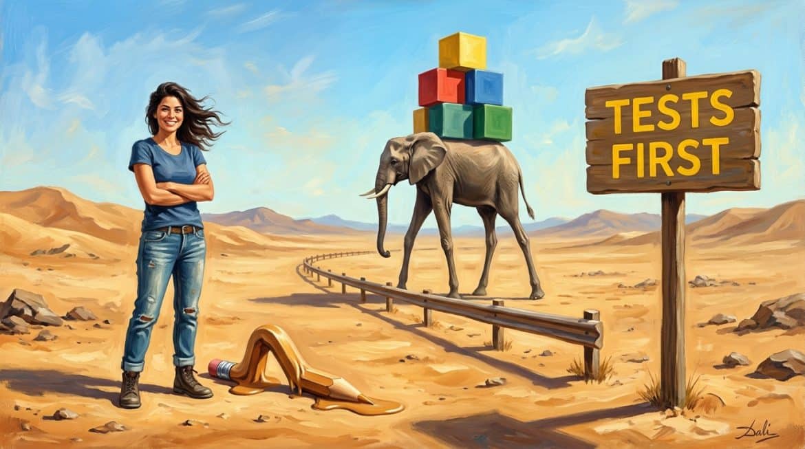 Wüste mit Frau, schmelzendem Stift, Elefant an Leitplanke und Schild Tests First