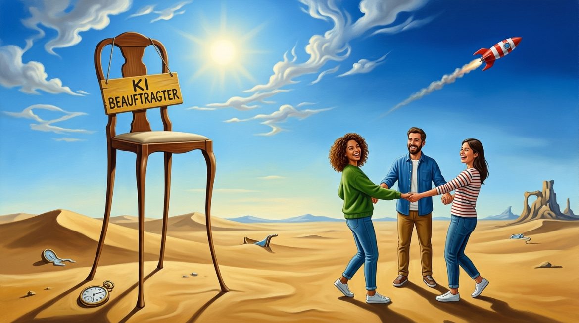 Surreales Gemälde: leerer Stuhl mit langen Beinen, Schild KI Beauftragter, Team im Kreis